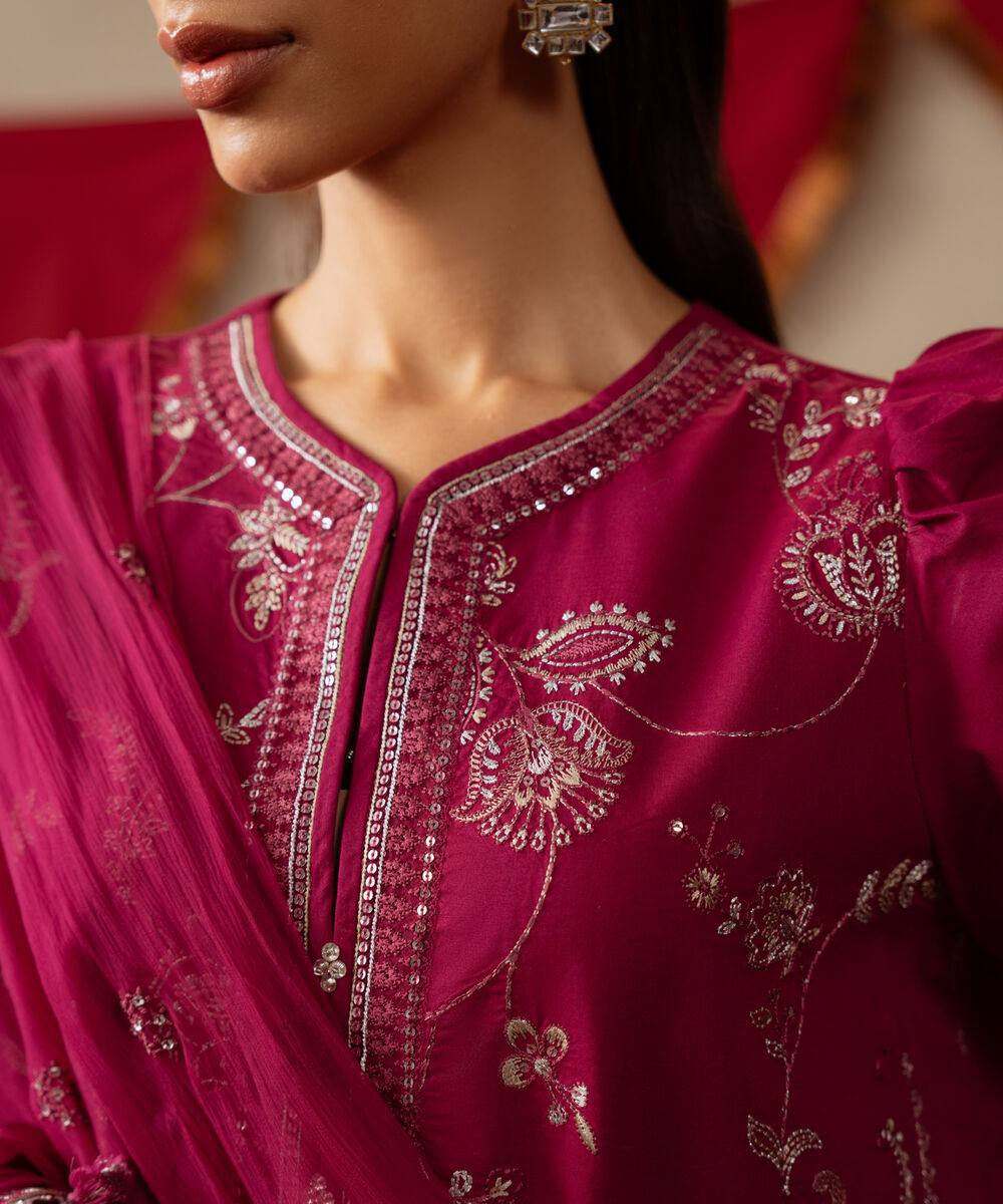 Women's Unstitched Textured Lawn Pink Embroidered 3 Piece Suit