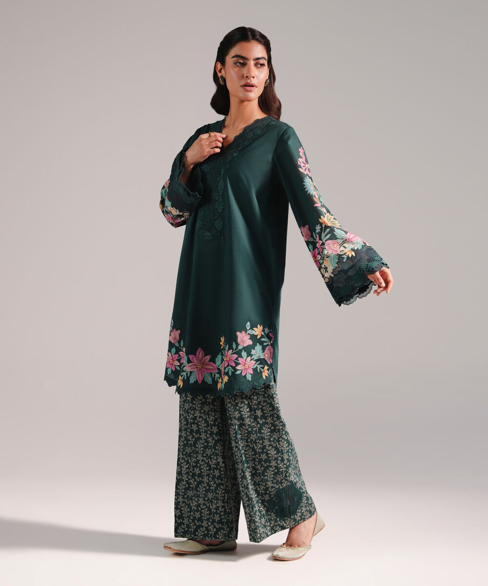 Women's RTW Lawn Printed Dark Green Straight Shirt