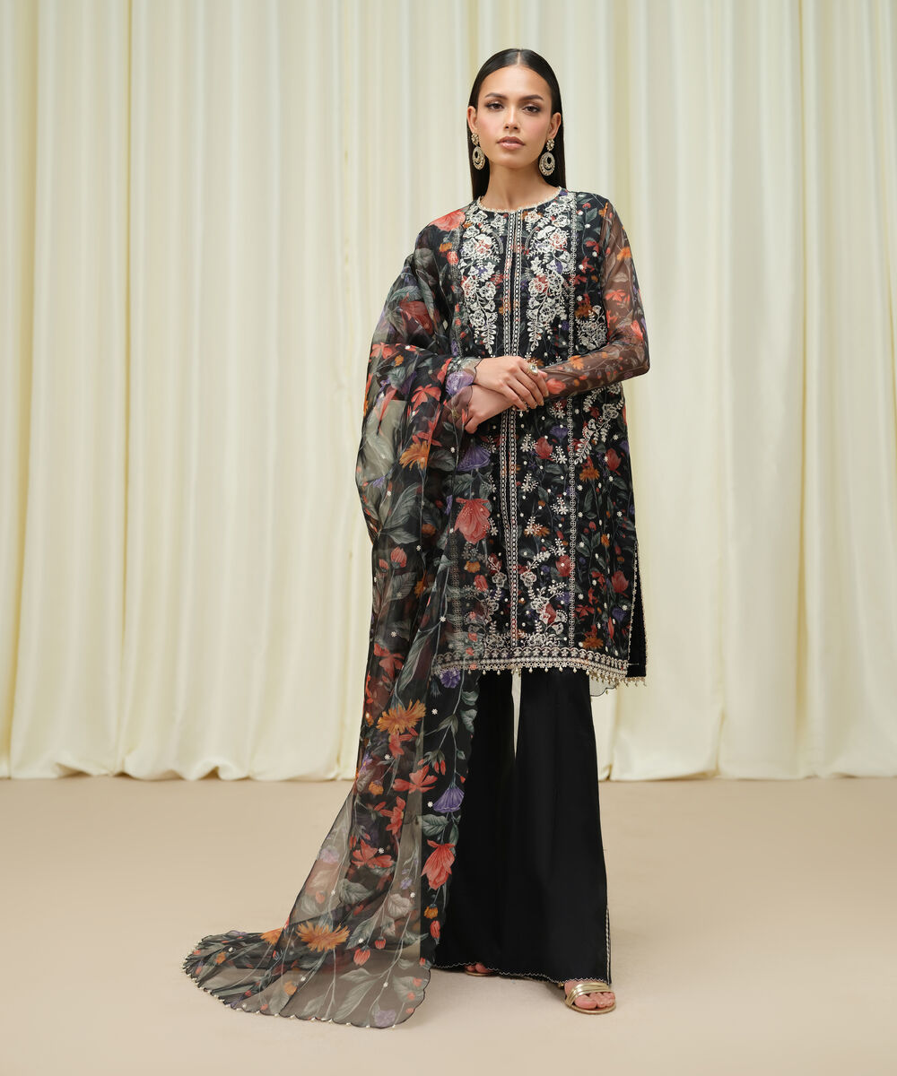Women's Unstitched Blended Organza Embroidered Black 3 Piece Suit
