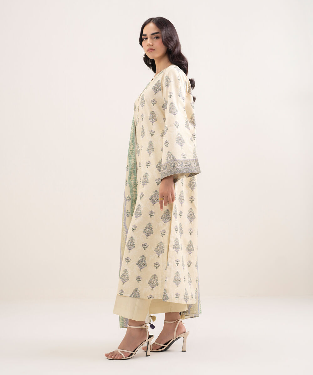 Women's Unstitched Lawn Printed Beige 3 Piece Suit