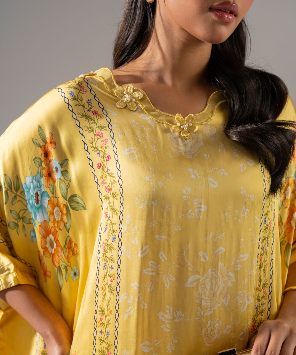 Women's RTW White Featheer Chamoz Printed Yellow Kaftan