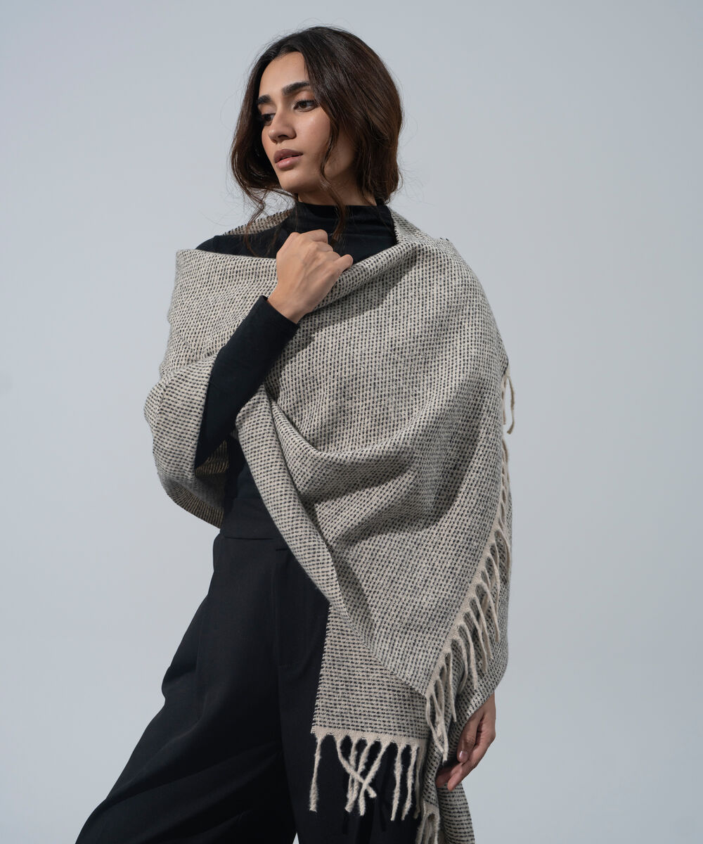 Women's Western Wear Black And White Polyester Textured Woolen Scarf