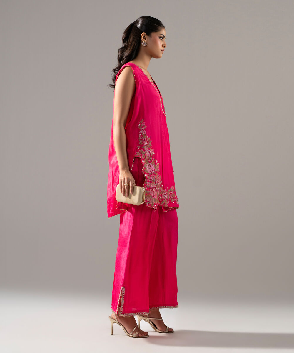 Women's RTW Thai Silk Solid Embroidered Pink 2 Piece Suit