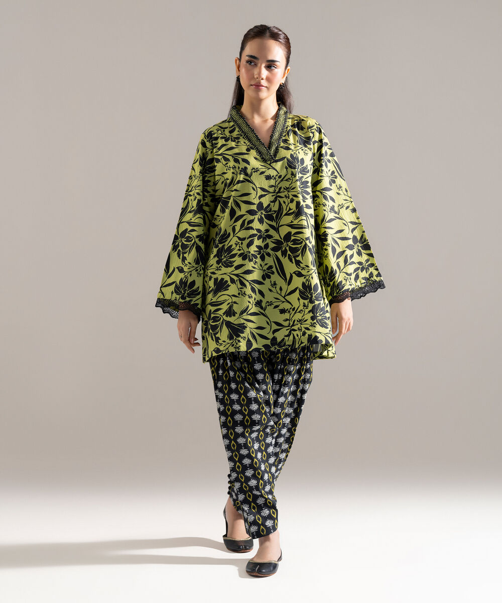 Women's RTW Seersucker Printed Green Straight Shirt