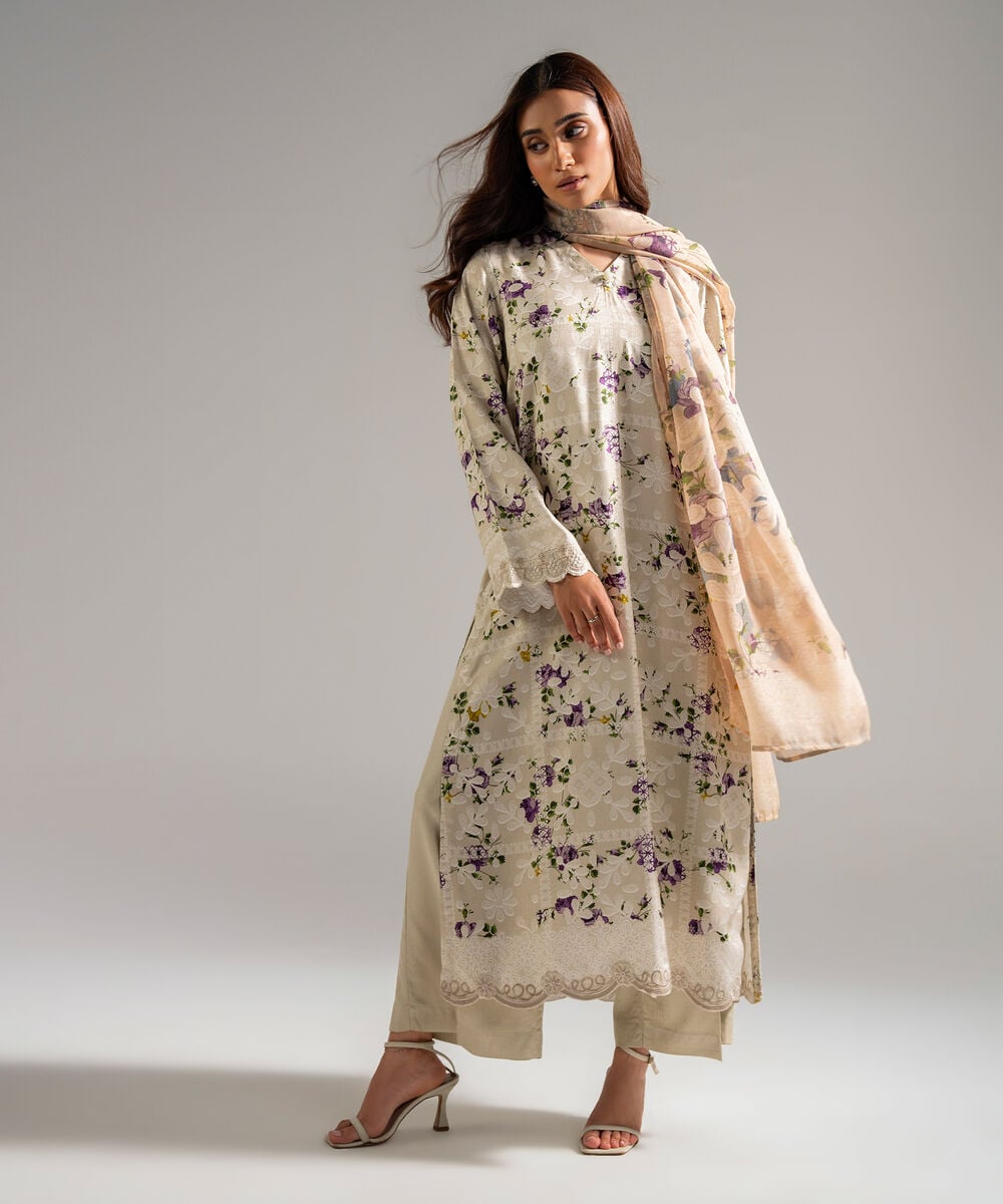 Women's RTW Self Jacquard Embroidered White 3 Piece Suit