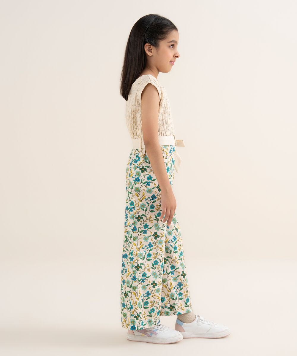 Girl's Khaddar Printed White Jumpsuit