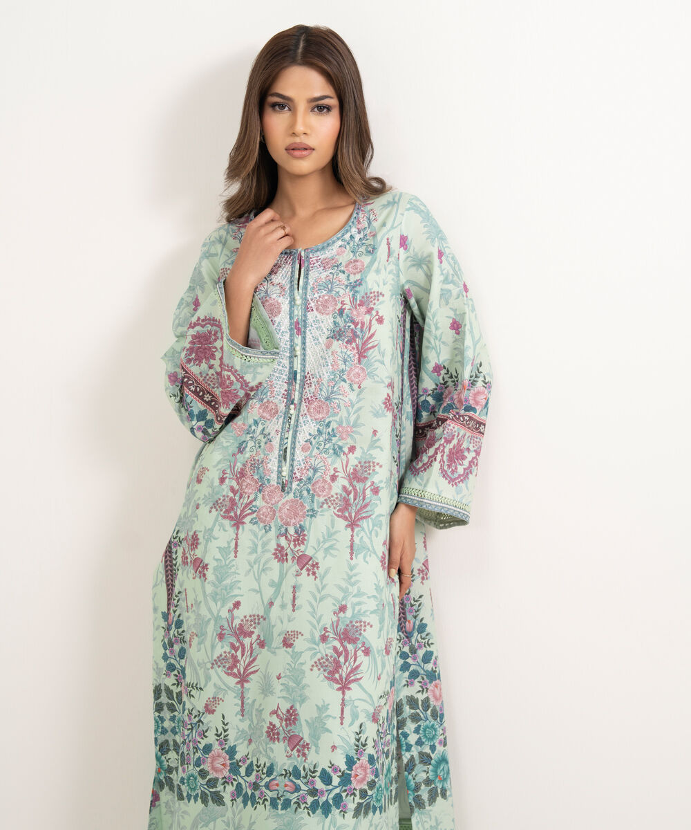 Women's RTW Zari Cotton Embroidered Green A-Line Shirt