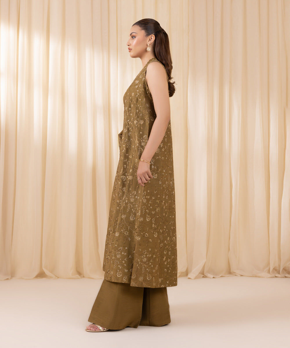 Women's Unstitched Olive Raw Silk Three Piece Suit