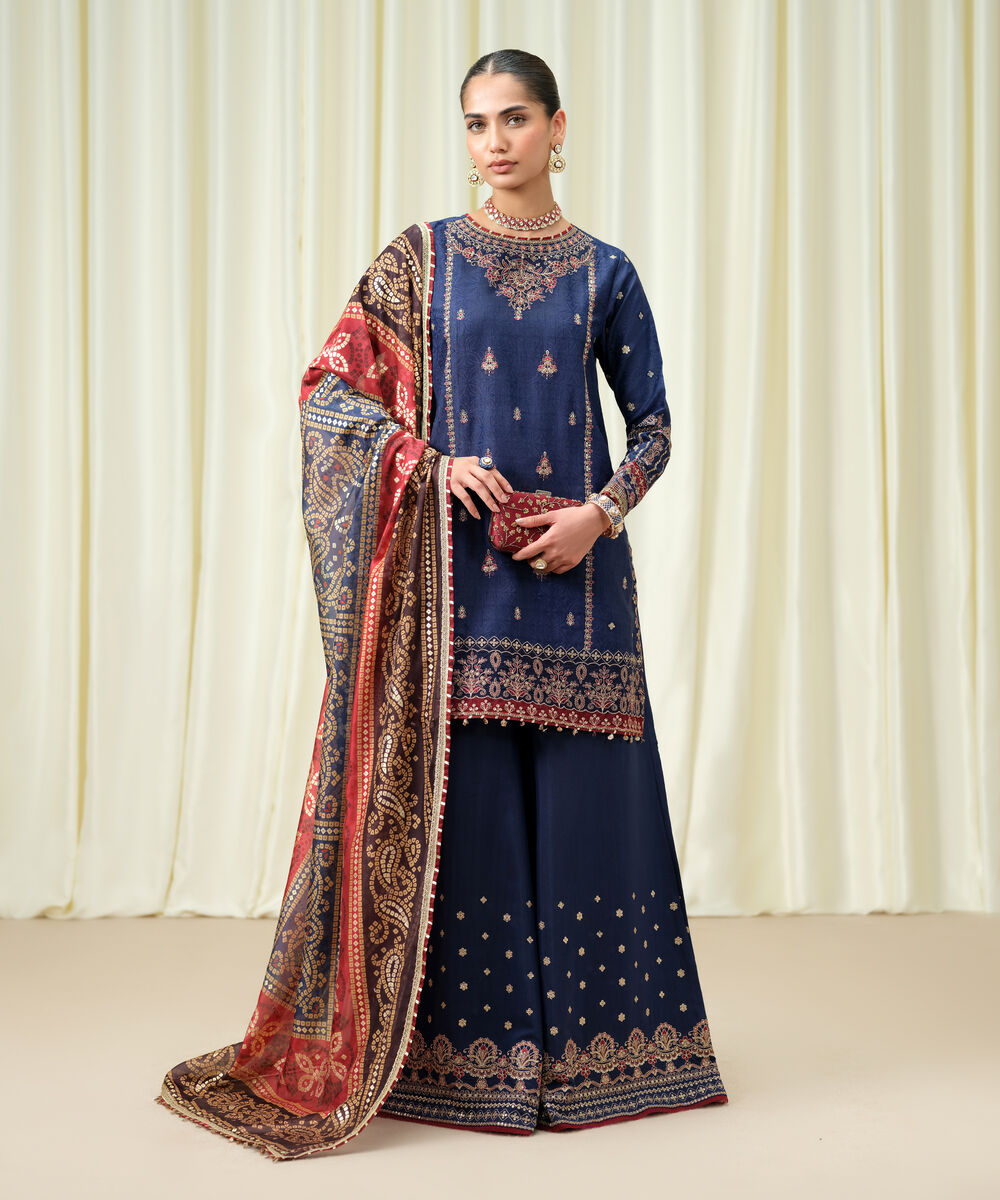 Women's Unstitched Embroidered Viscose Jacquard Blue 3 Piece Suit