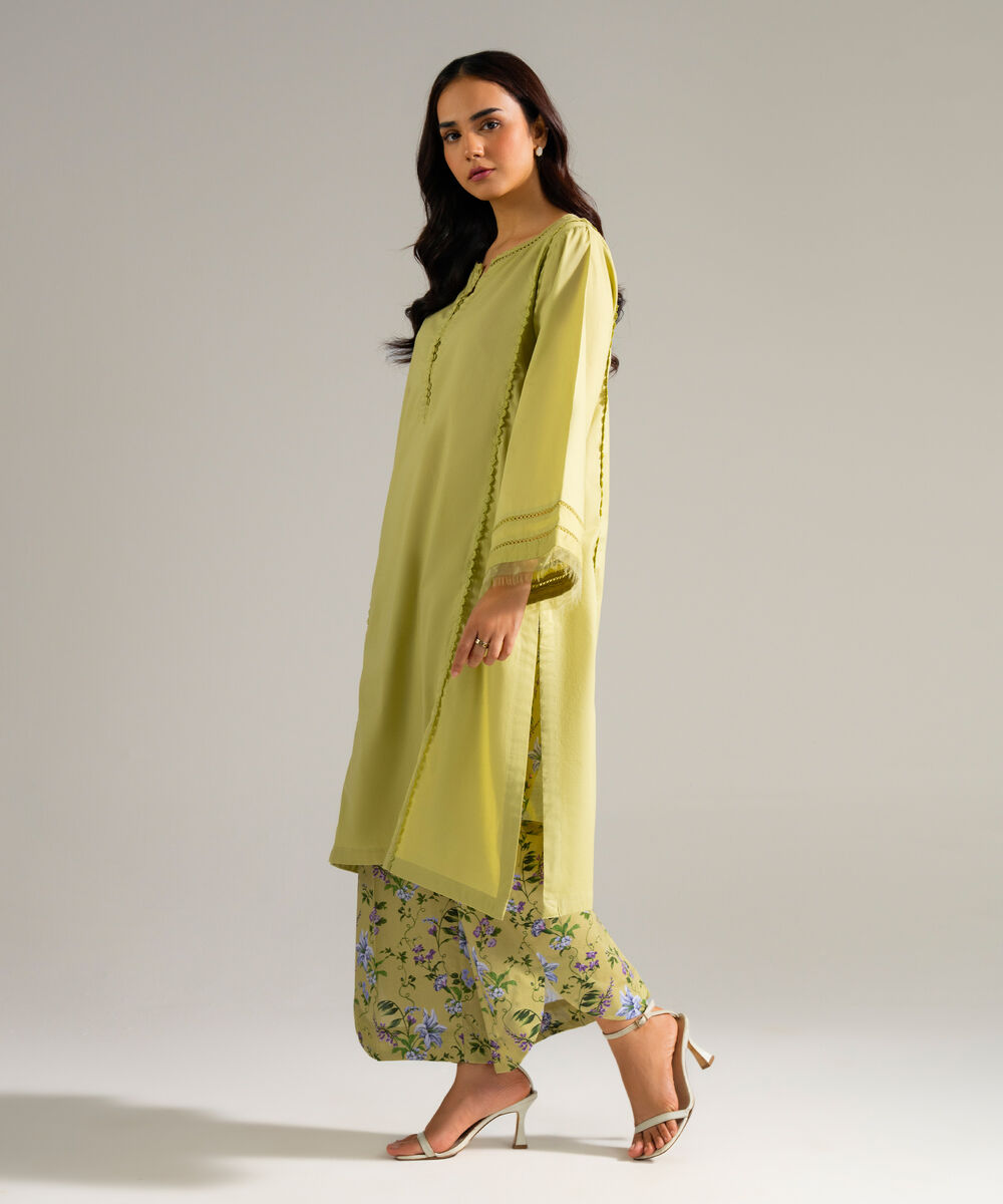 Women's RTW Cambric Solid Green A-Line Shirt