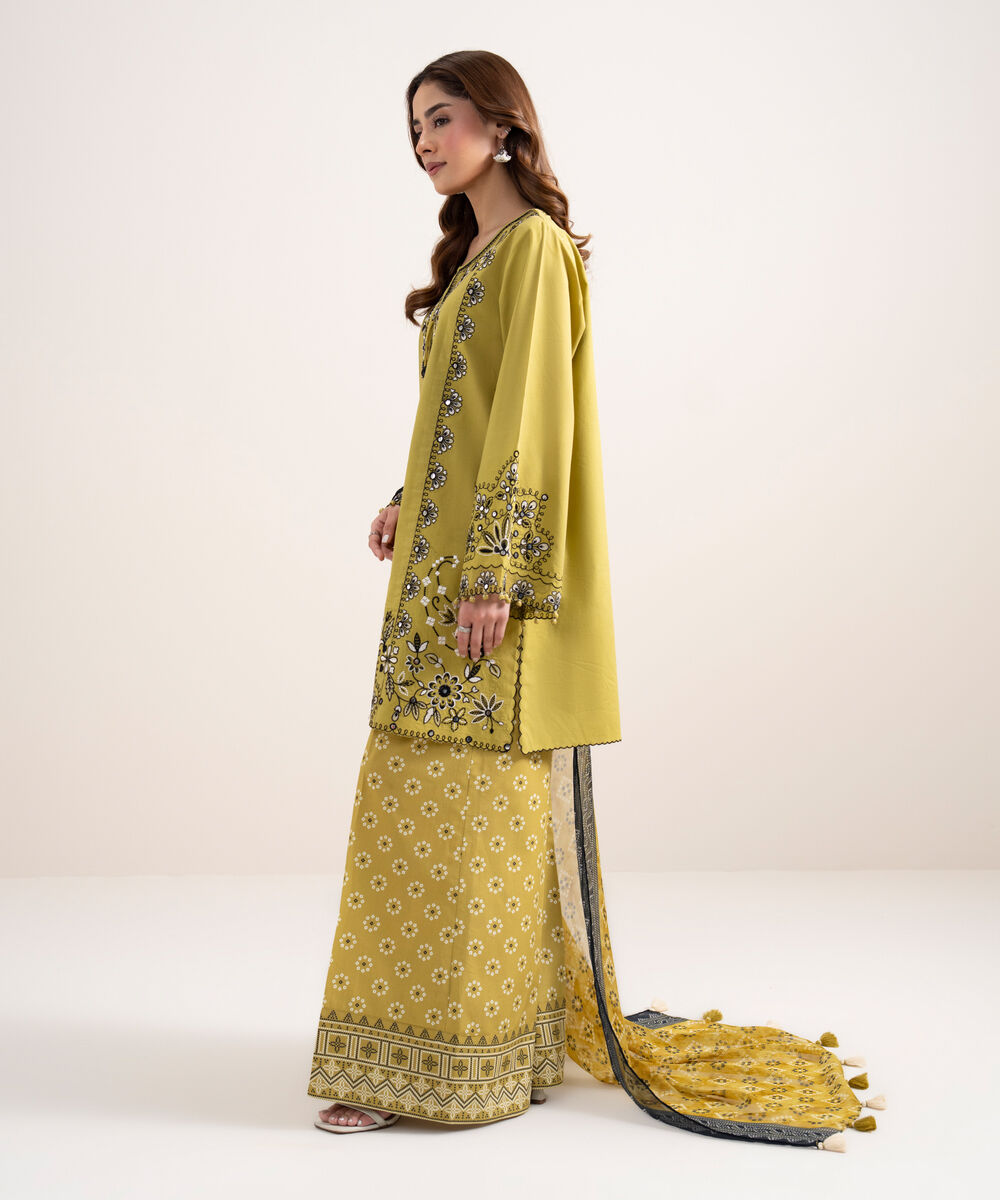 Women's Unstitched Lawn Embroidered Yellow 3 Piece Suit