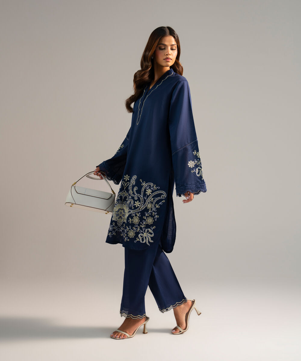 Women's RTW Crosshatch Embroidered Dark Blue Straight Shirt
