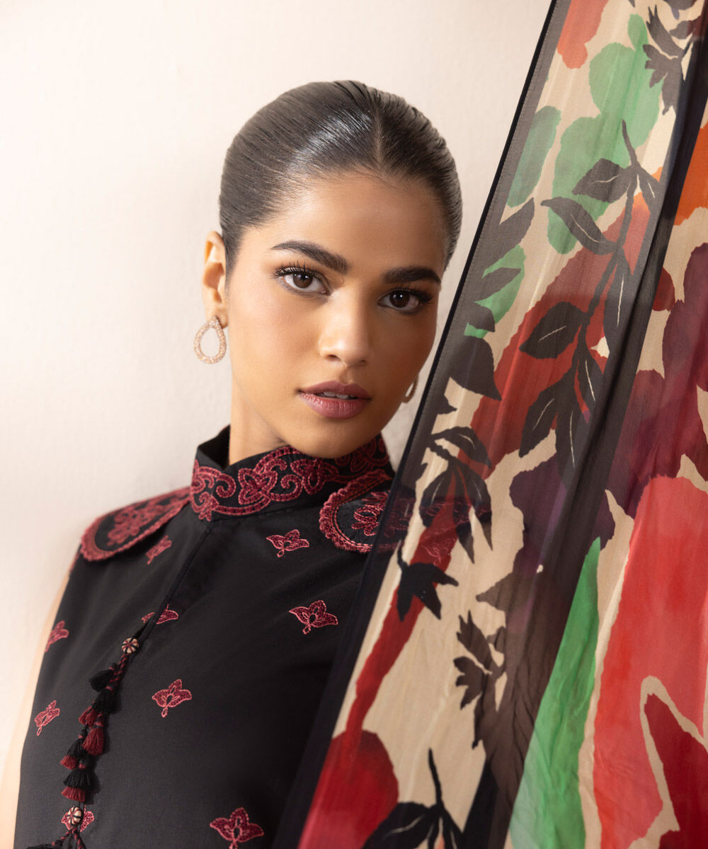 Women's Unstitched Black Cotton 3 Piece Suit