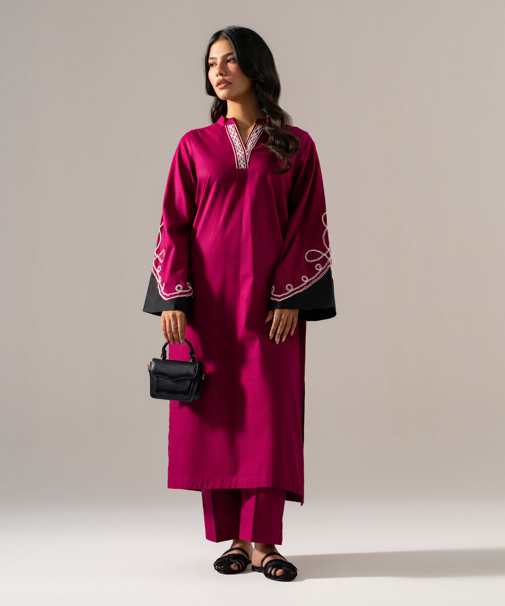 Women's RTW Cross Hatch Solid Embroidered Maroon Straight Shirt