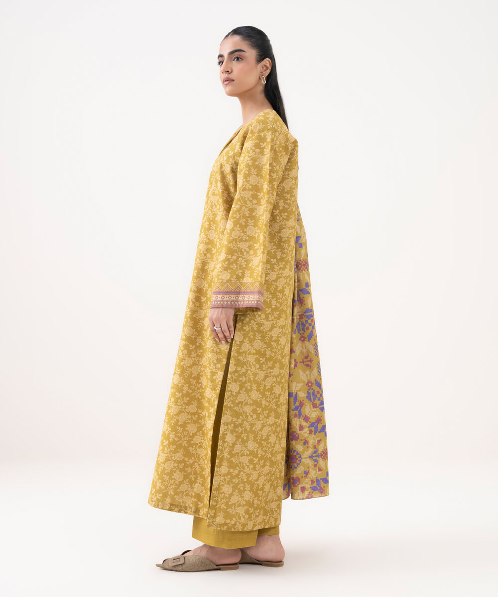 Women's Unstitched Khaddar Printed Yellow 3 Piece Suit