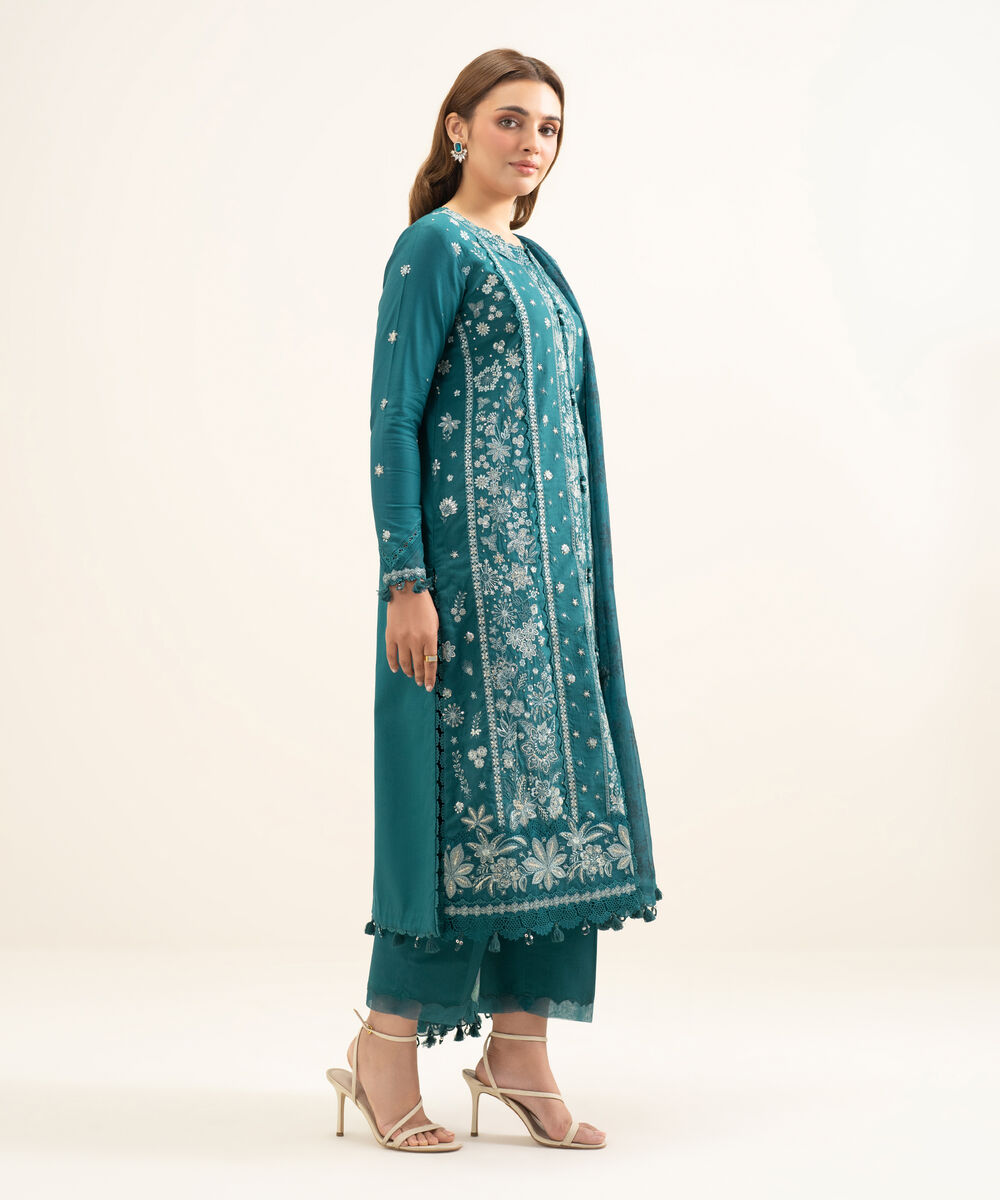 Women's Unstitched Fine Cotton Satin Embroidered Green 3 Piece Suit