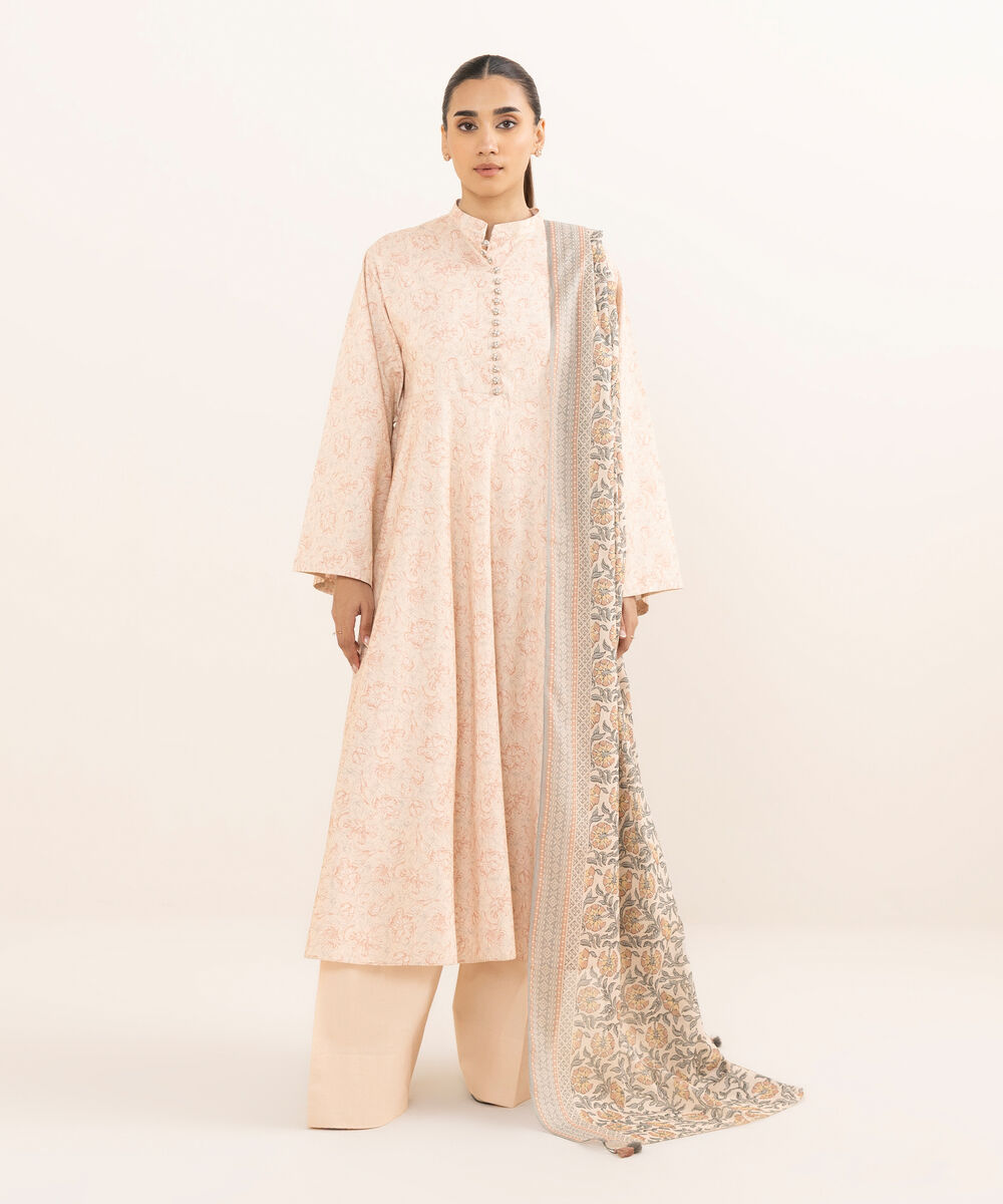 Women's Unstitched Lawn Printed Pink Three Piece Suit