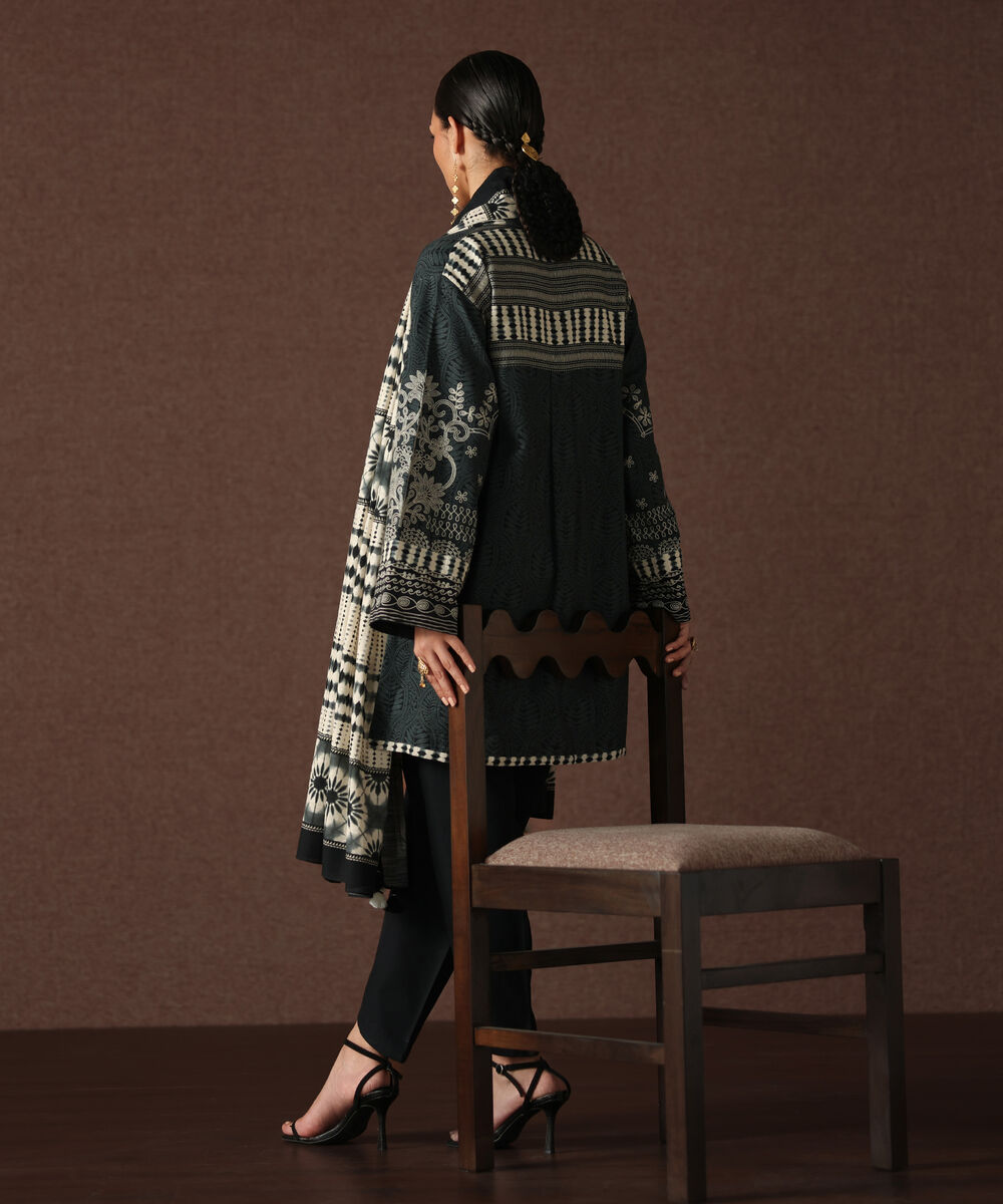 Women's Unstitched Light Khaddar Printed Black 3 Piece Suit