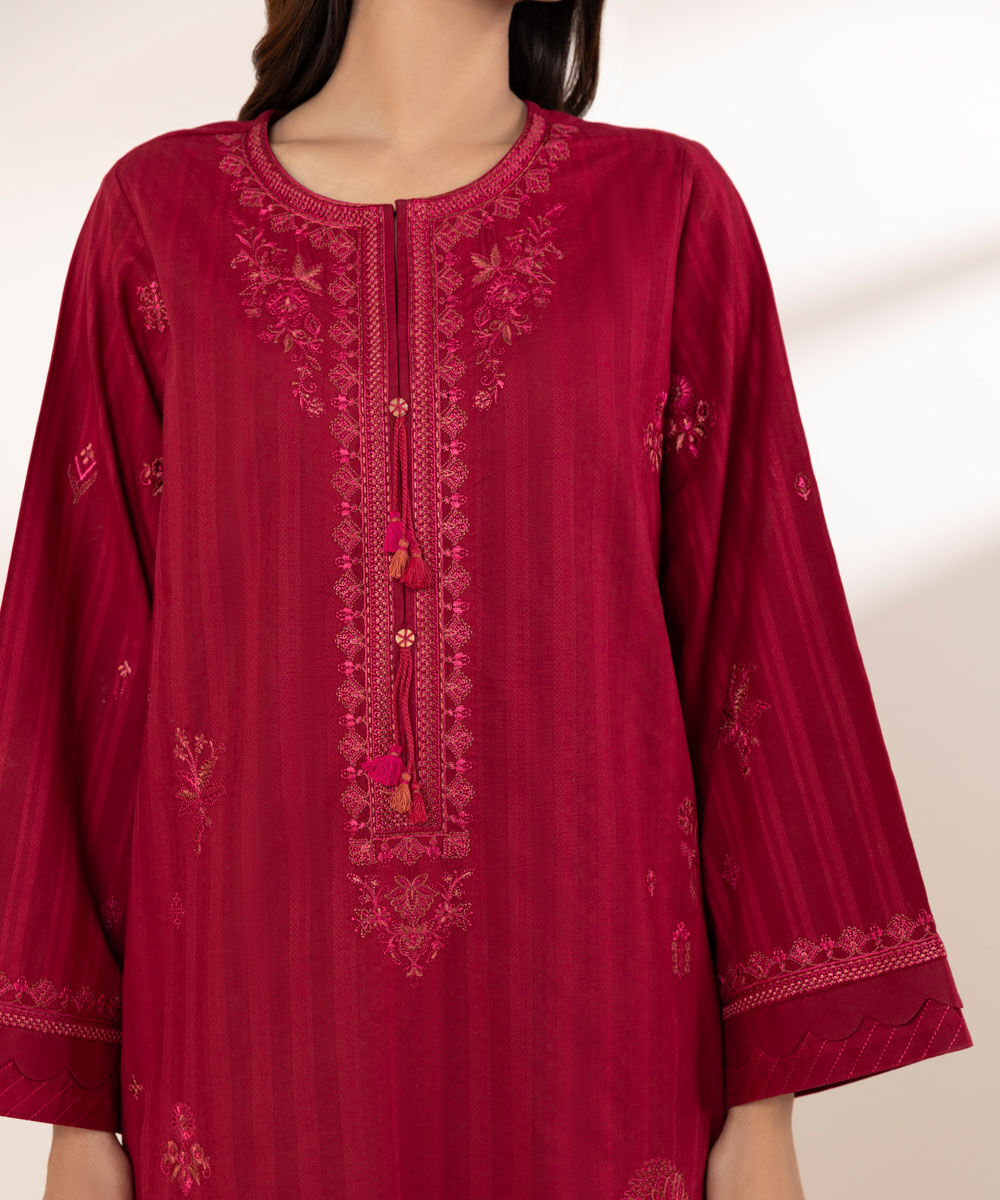 Women's RTW Dobby Red Embroidered A-Line Shirt