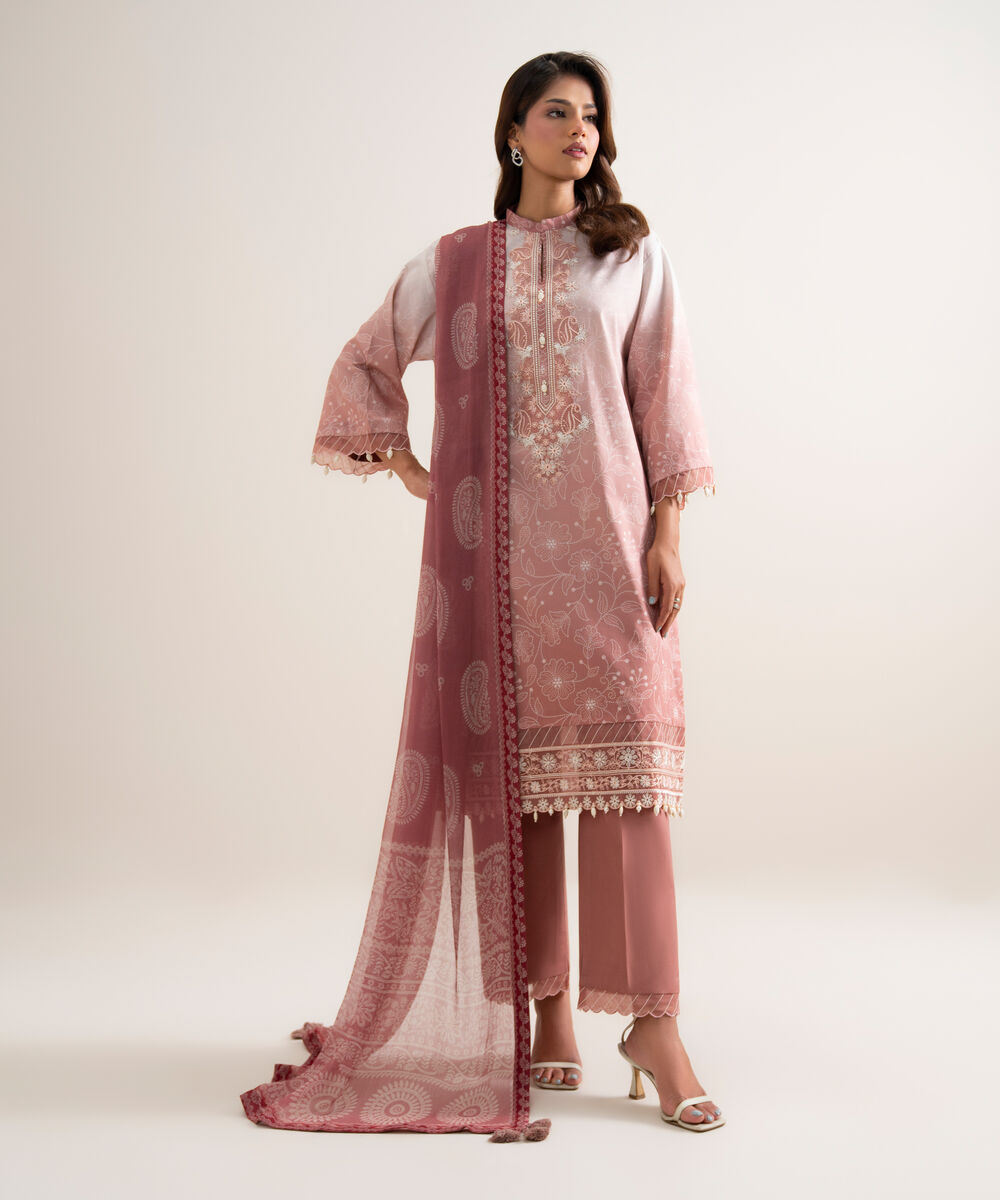 Women's Unstitched Lawn Embroidered Pink 3 Piece Suit