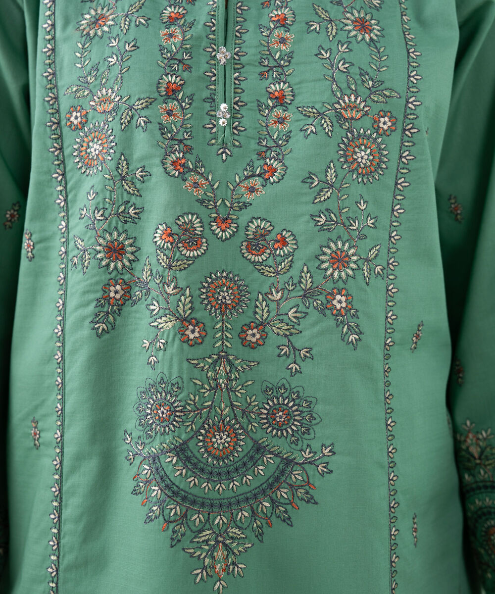Women's RTW Cotton Embroidered Green 2 Piece Suit