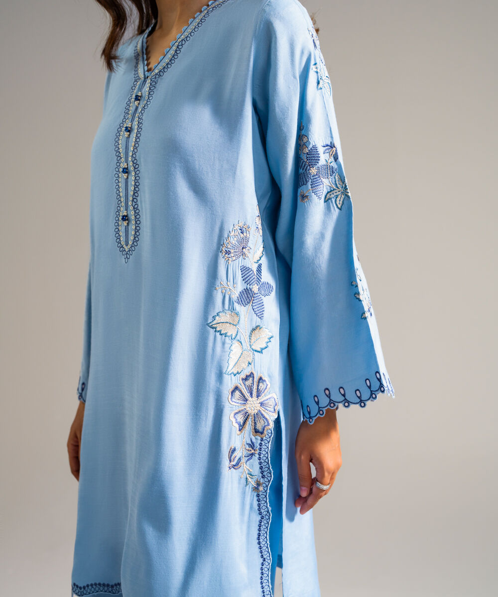 Women's RTW Raw Silk Embroidered Blue 2 Piece Suit
