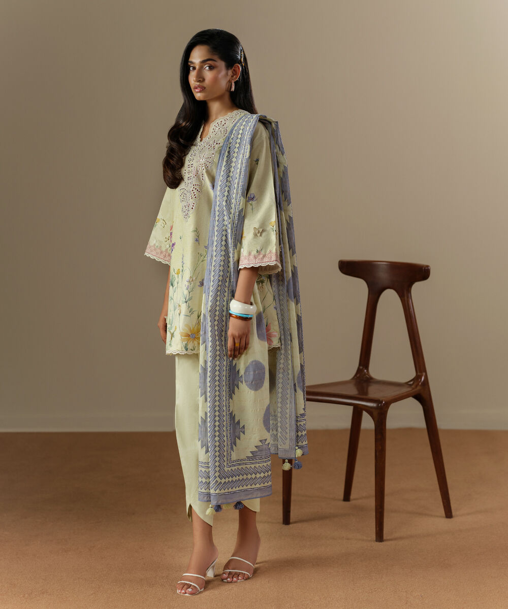Women's Unstitched Zari Lawn Embroidered Lime Yellow 3 Piece Suit
