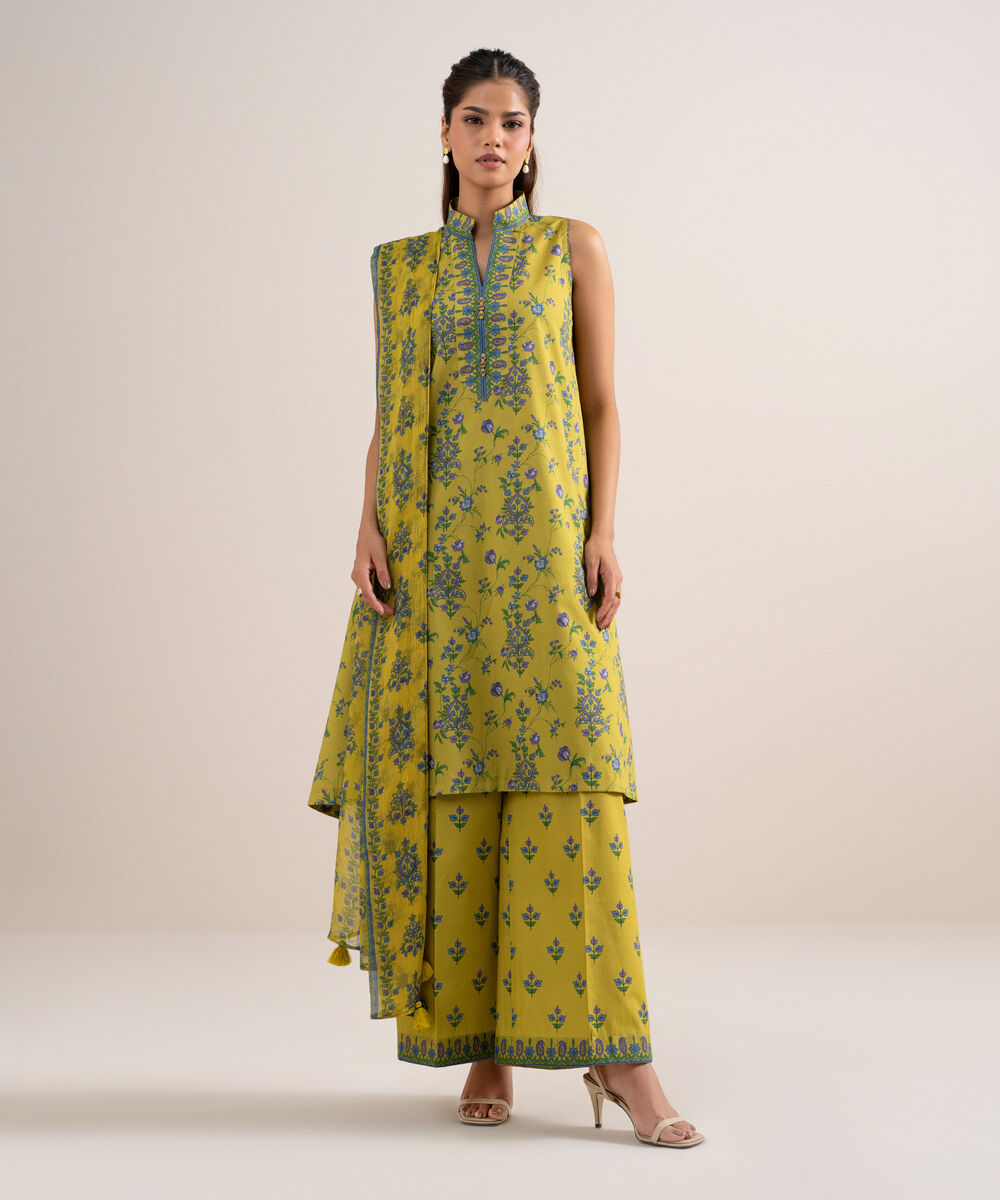 Women's Unstitched Lawn Printed Yellow 3 Piece Suit