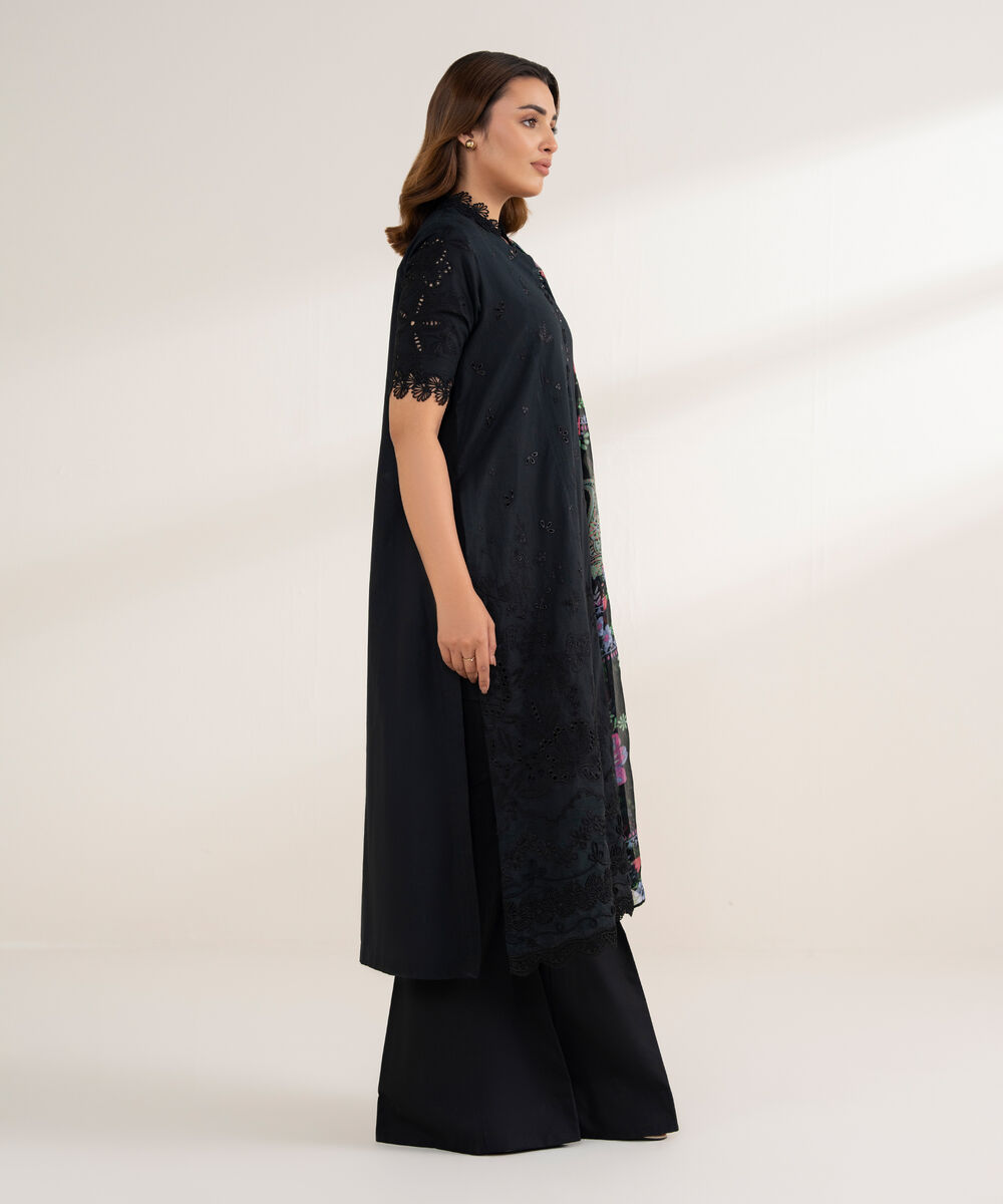 Women's Unstitched Cotton Embroidered Black 3 Piece Suit