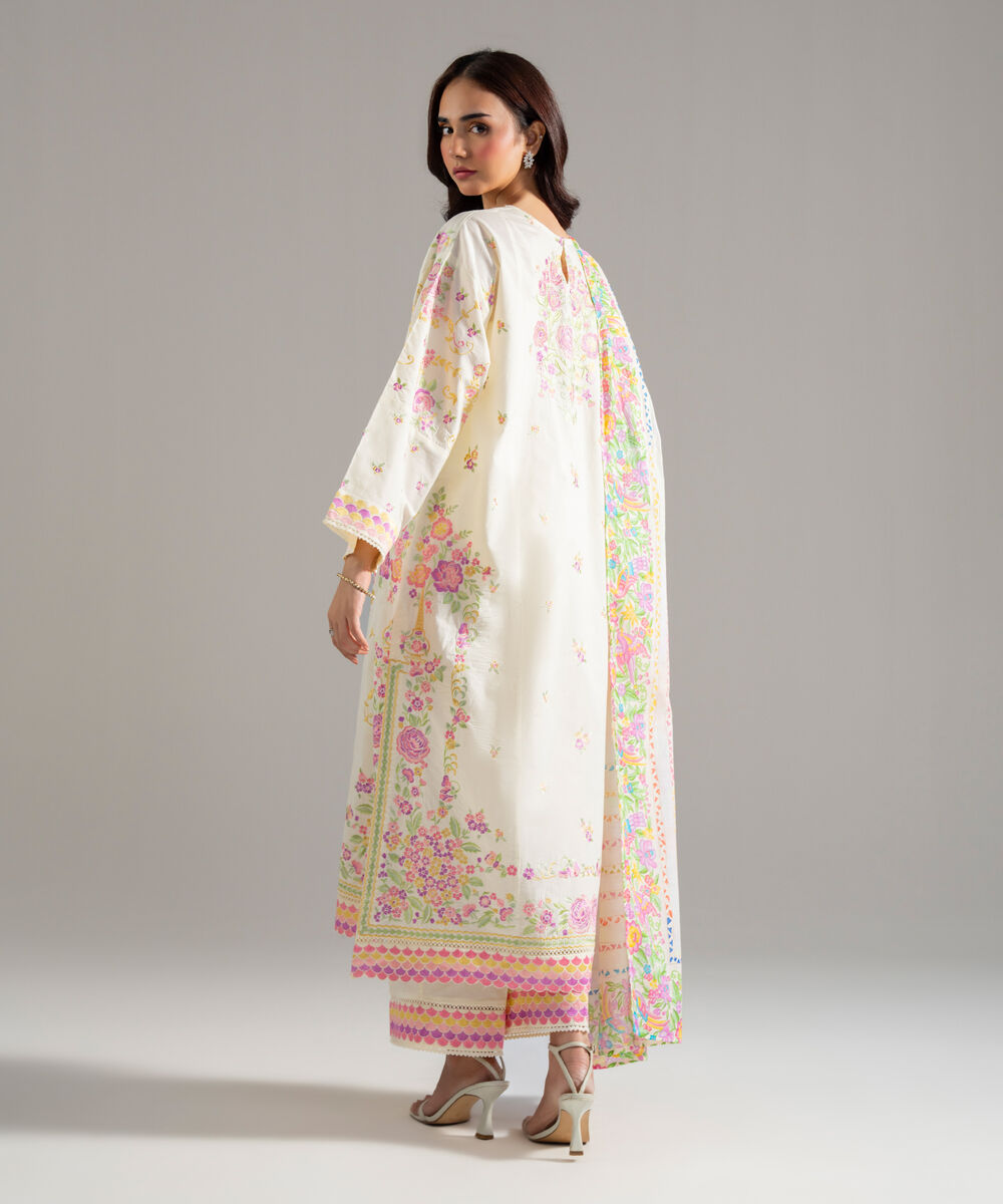 Women's RTW Cambric Solid Embroidered Off White 3 Piece Suit