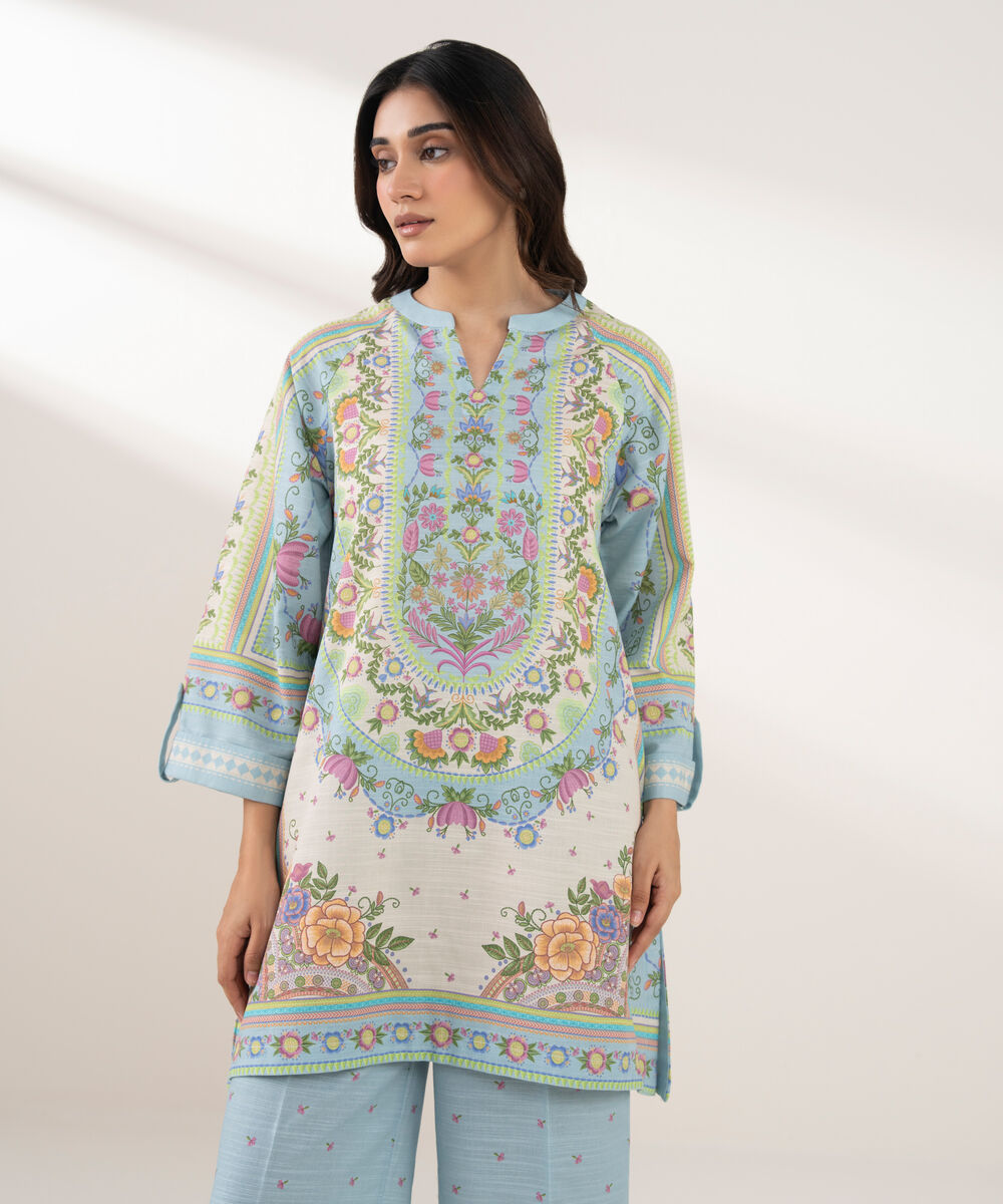 Women's RTW Light Khaddar Printed Straight Blue Shirt