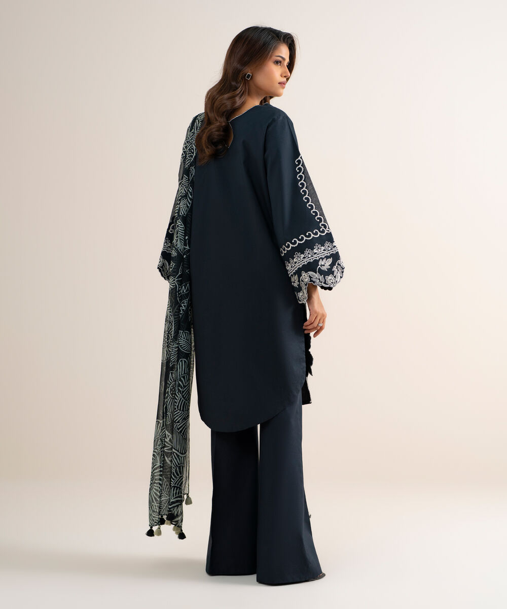 Women's Unstitched Fine Cotton Satin Embroidered Black