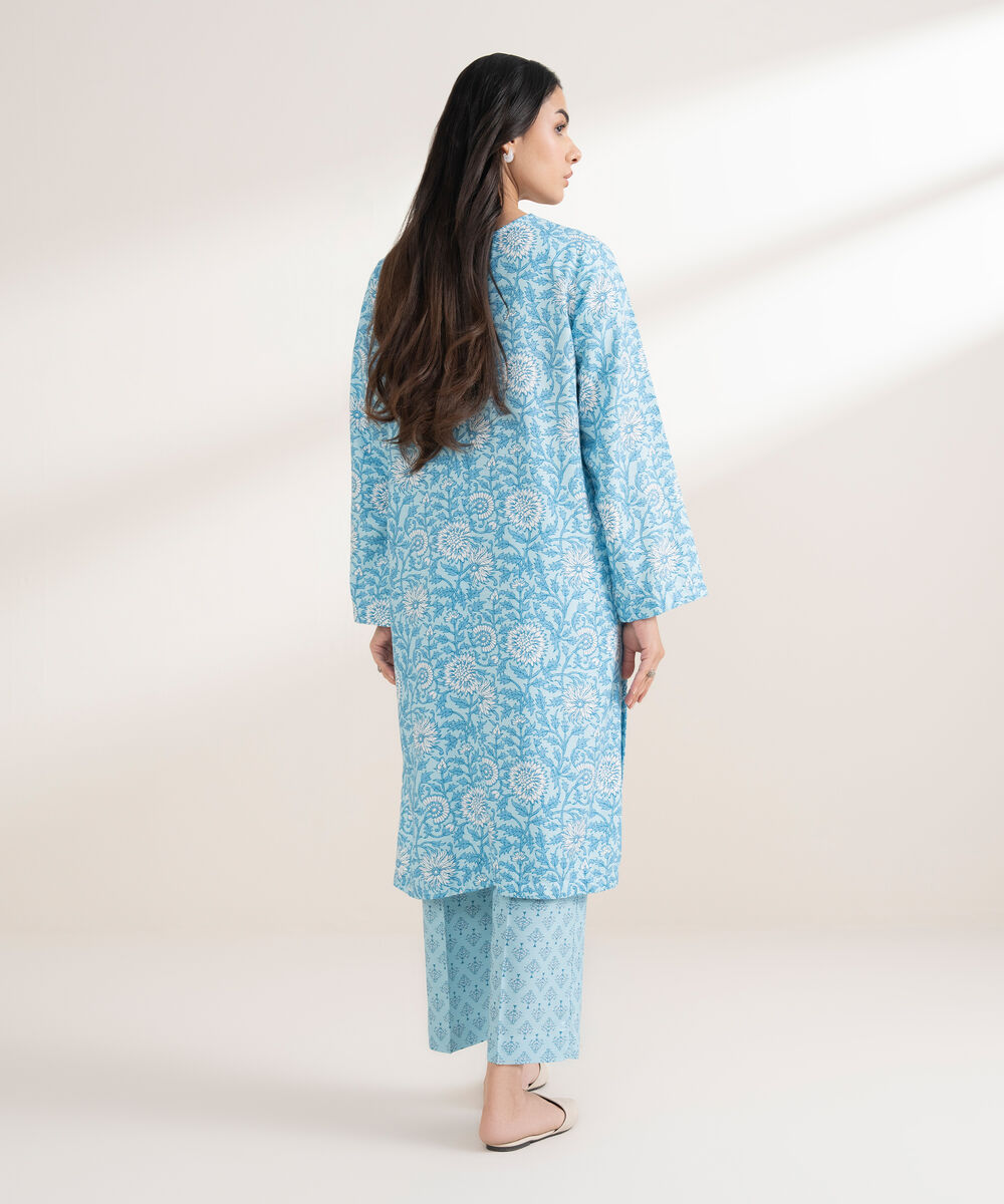 Women's RTW Arabic Khaddar Printed Straight Blue Shirt