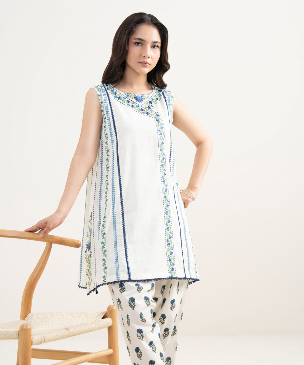 Women's RTW Dobby Embroidered White Straight Shirt