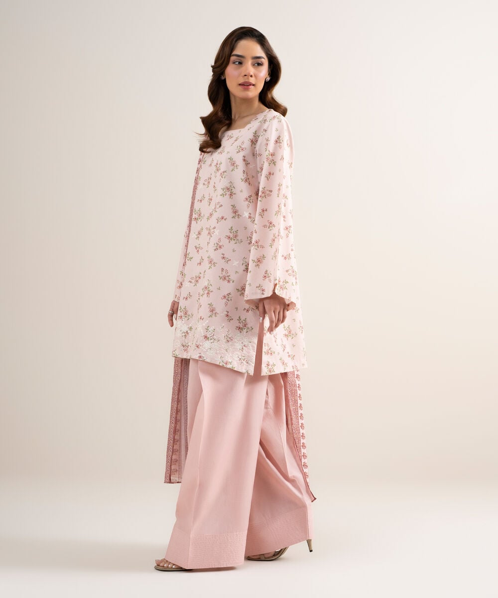 Women's Unstitched Zari Lawn Embroidered Tea Pink 3 Piece Suit