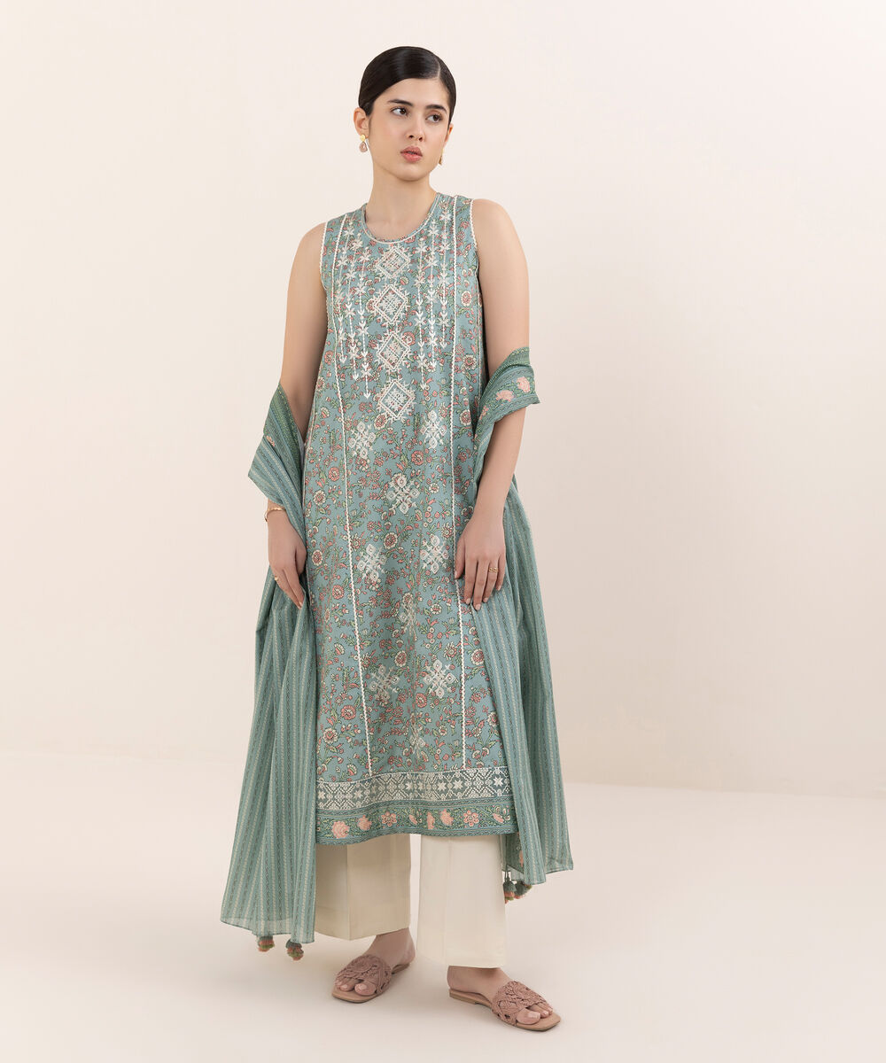 Women's Unstitched Lawn Embroidered Blue 2 Piece Suit