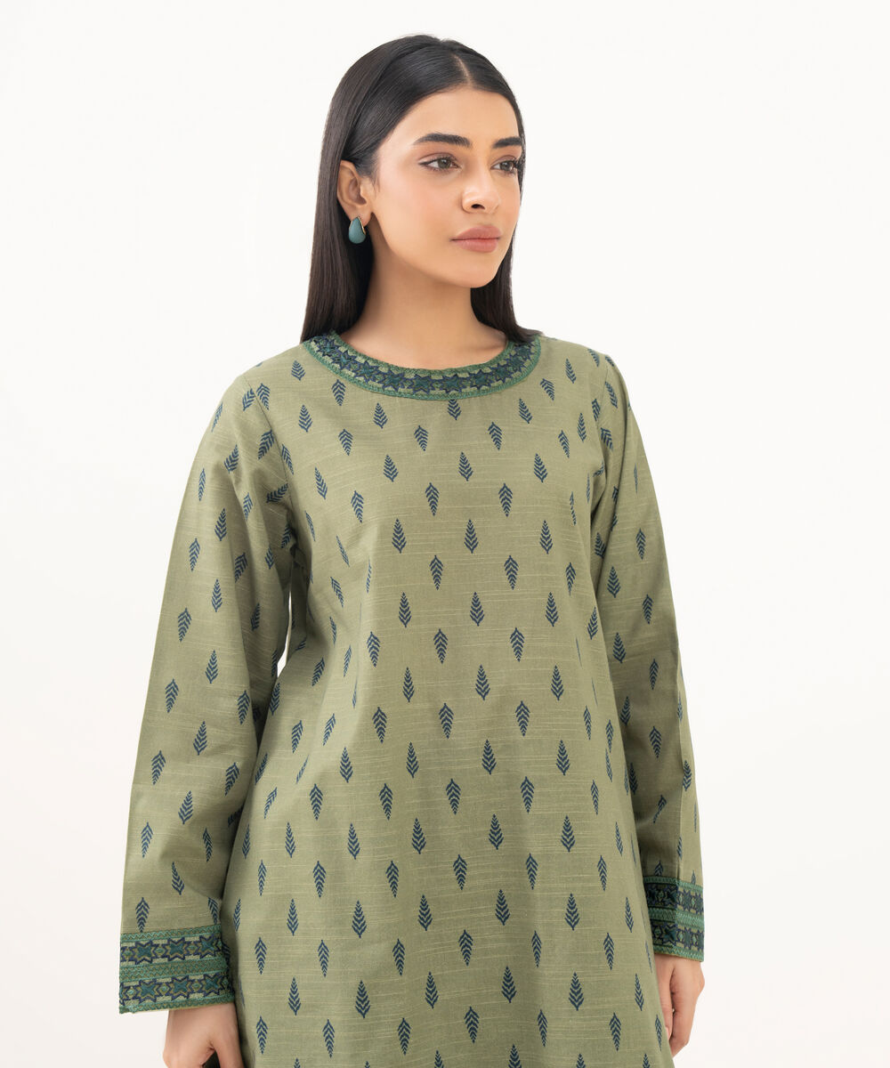 Women's RTW Light Khaddar Embroidered Green Straight Shirt