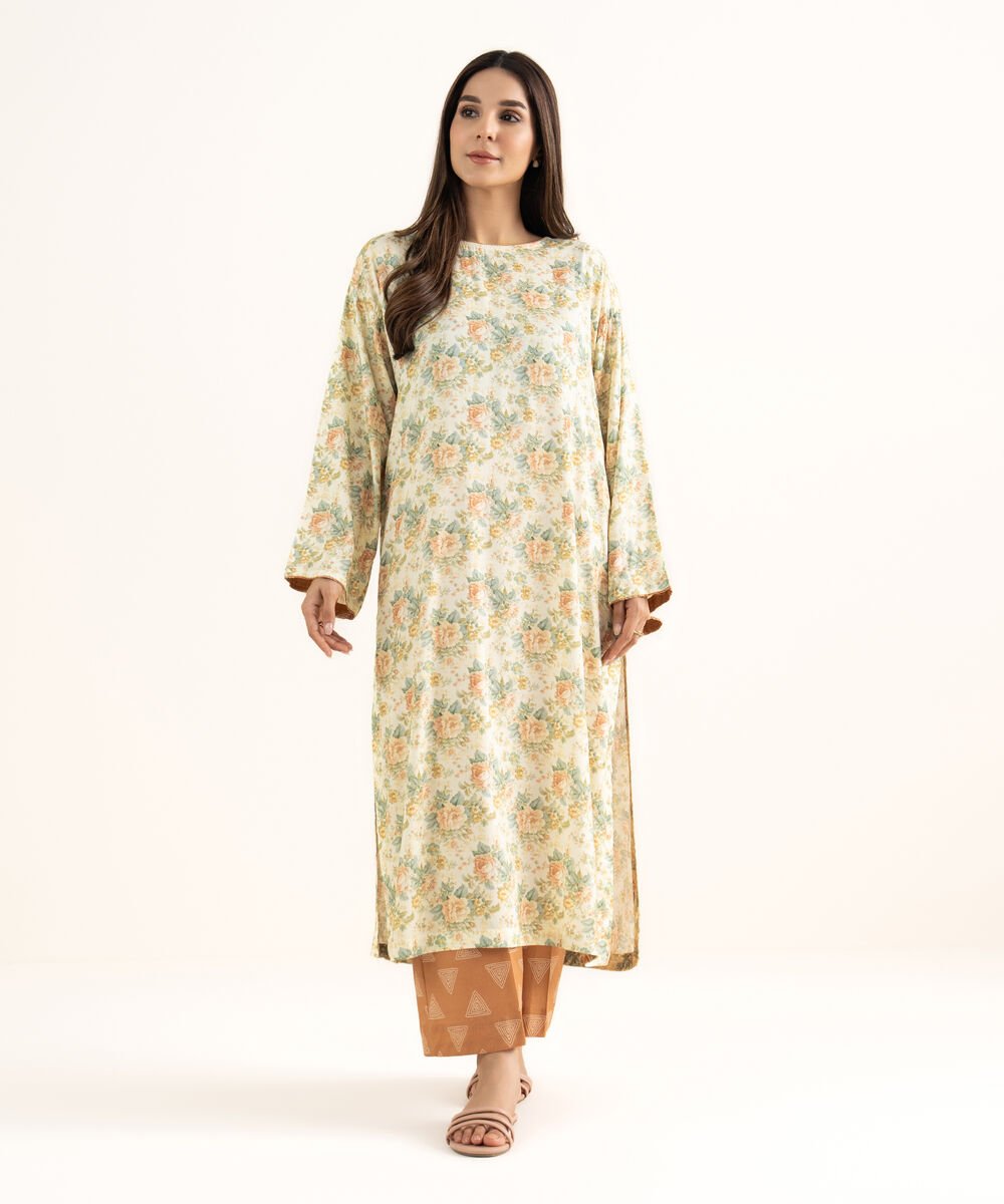 Women's RTW Arabic Lawn Yellow Printed Straight Shirt