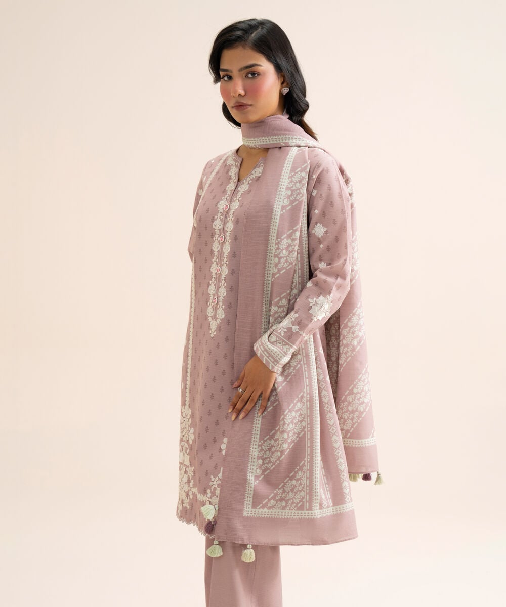 Women's Unstitched Light Khaddar Embroidered Light Mauve 3 Piece Suit