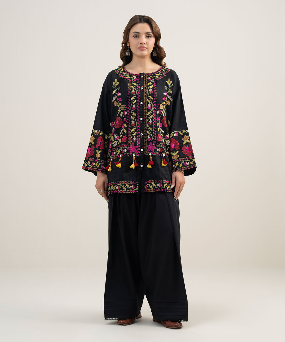 Women's RTW Dobby Embroidered Black Drop Shoulder Shirt