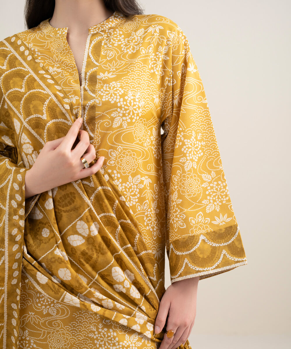 Women's Unstitched Lawn Printed Yellow 3 Piece Suit