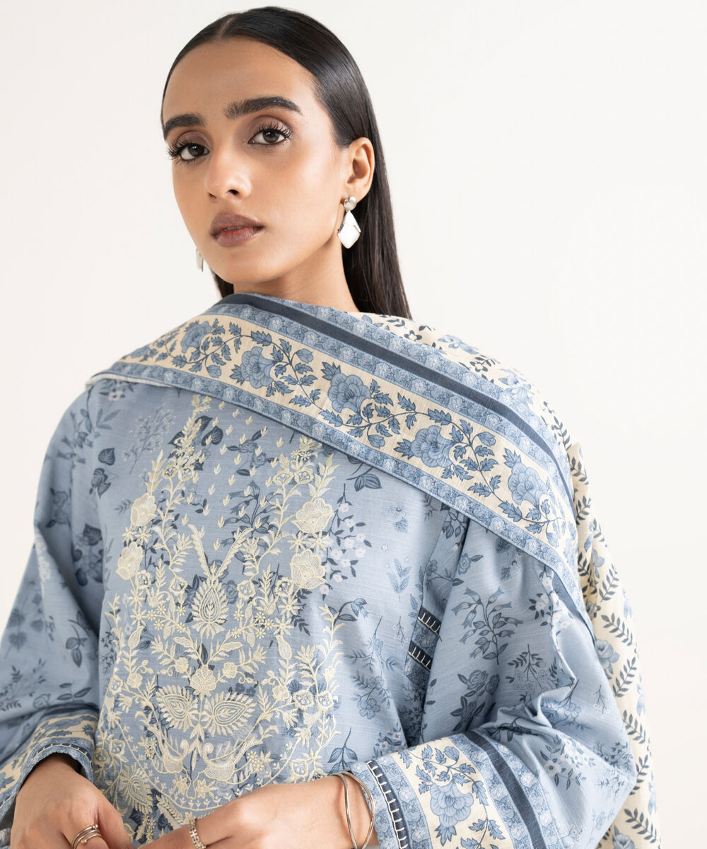 Women's Unstitched Khaddar Embroidered Blue 2 Piece Suit