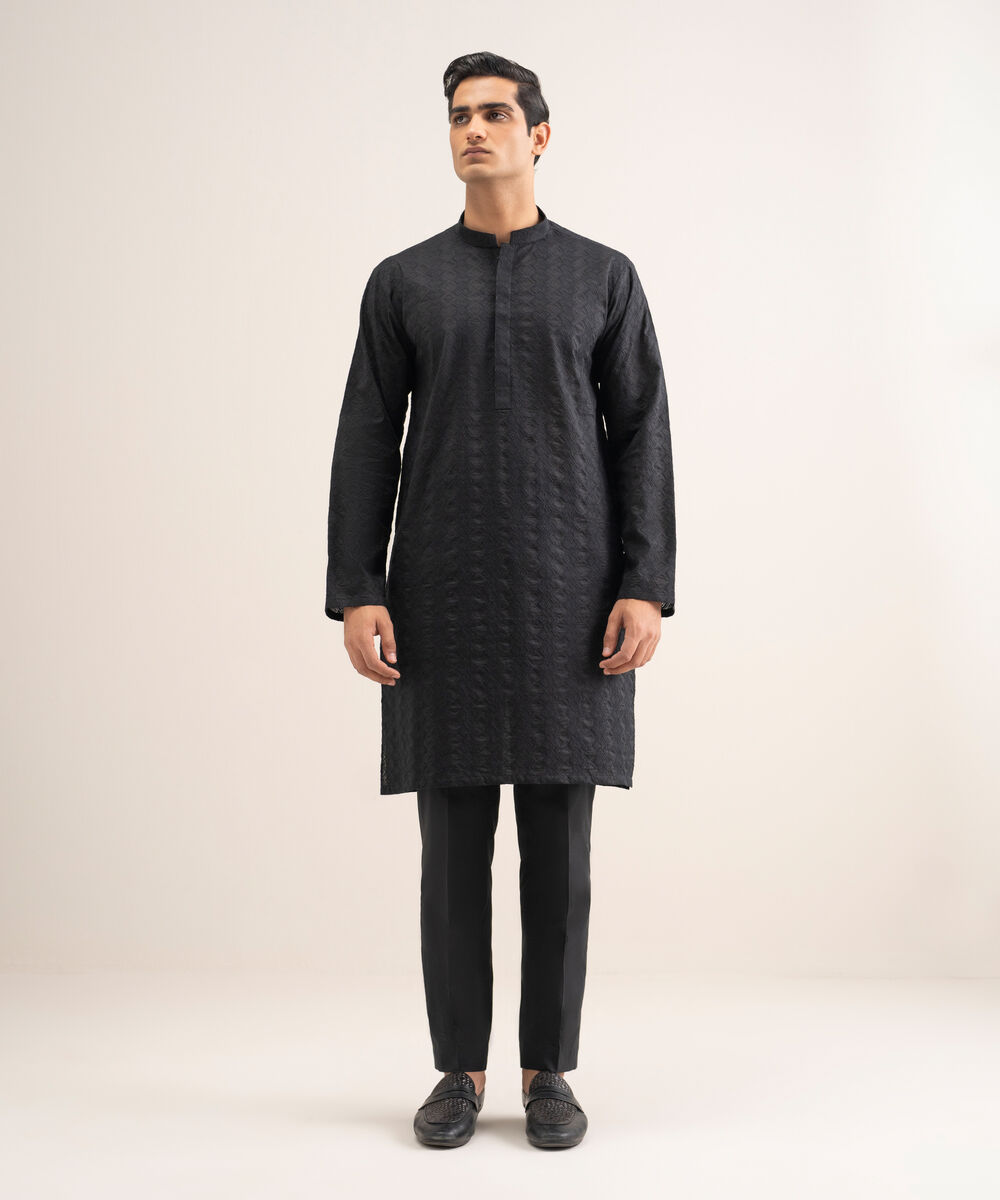 Men'S Stitched Black Premium Cotton Suit