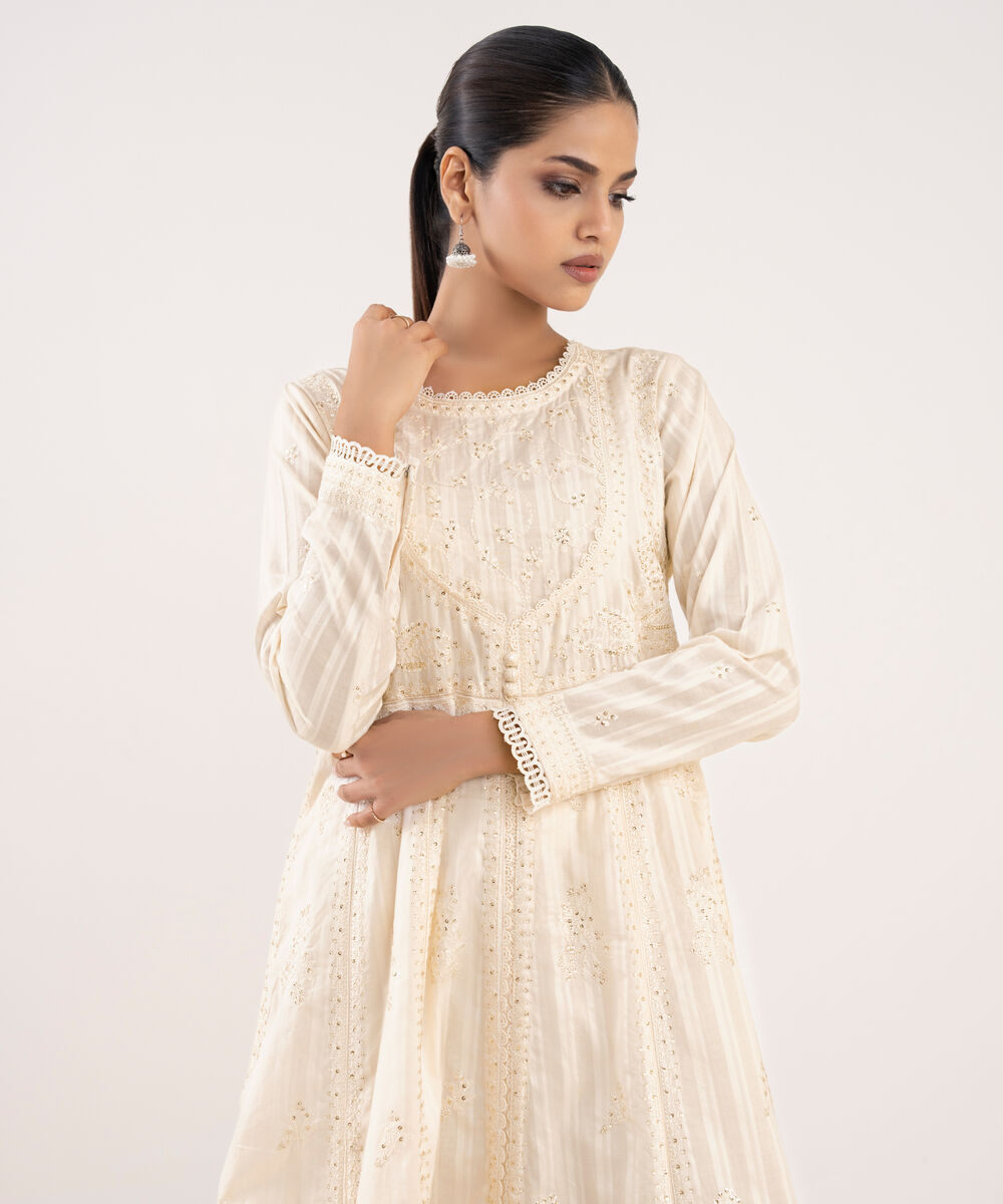 Women's RTW Textured Lawn Off White Embroidered Pishwas