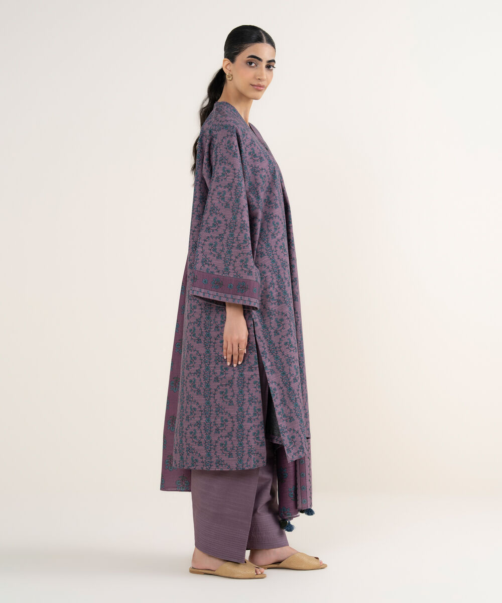 Women's Unstitched Printed Textured Cotton Purple 3 Piece Suit