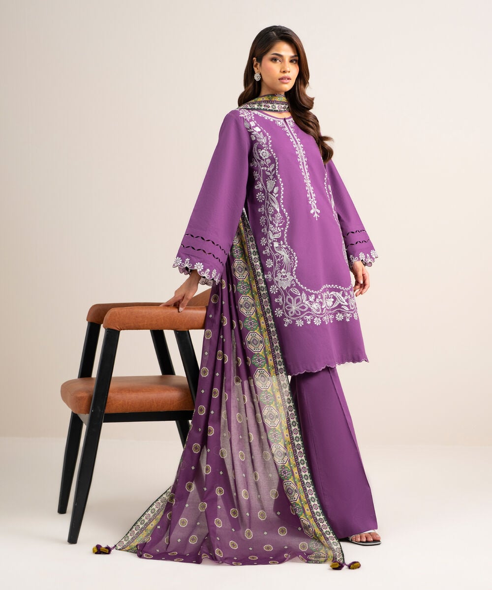 Women's Unstitched Lawn Embroidered Purple 3 Piece Suit