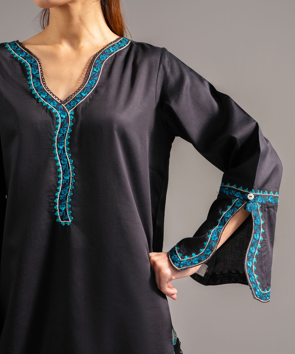 Women's RTW Cotton Satin Embroidered Black 2 Piece Suit