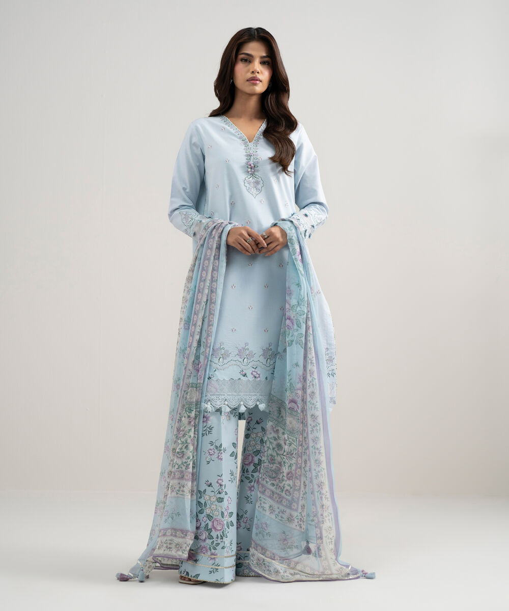 Women's Unstitched Textured Lawn Embroidered Blue 3 Piece Suit