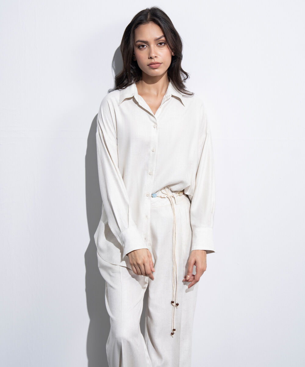 Women's Western Off-white Loose-Fit Linen Blend Shirt