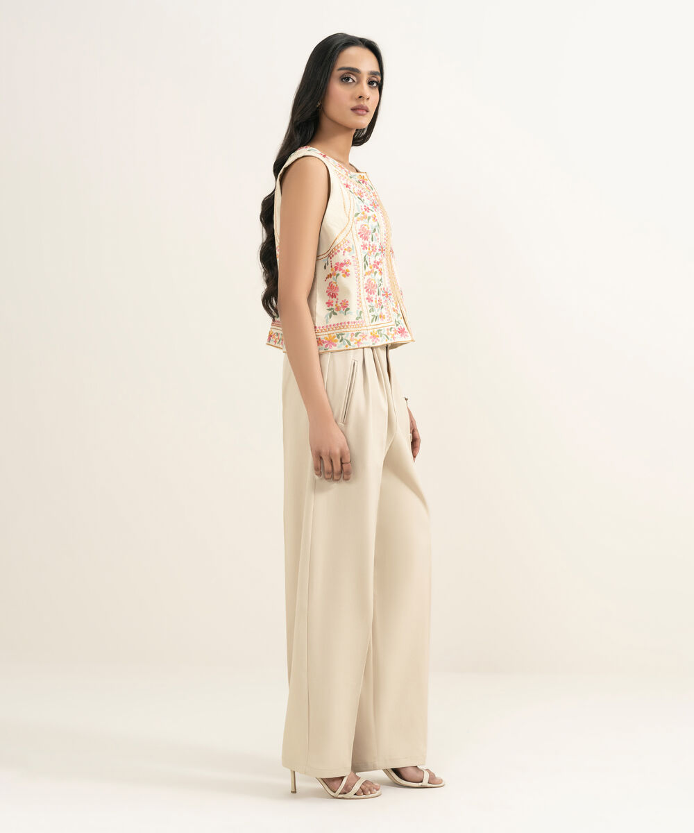 Women's RTW Dobby Embroidered Off White Waistcoat